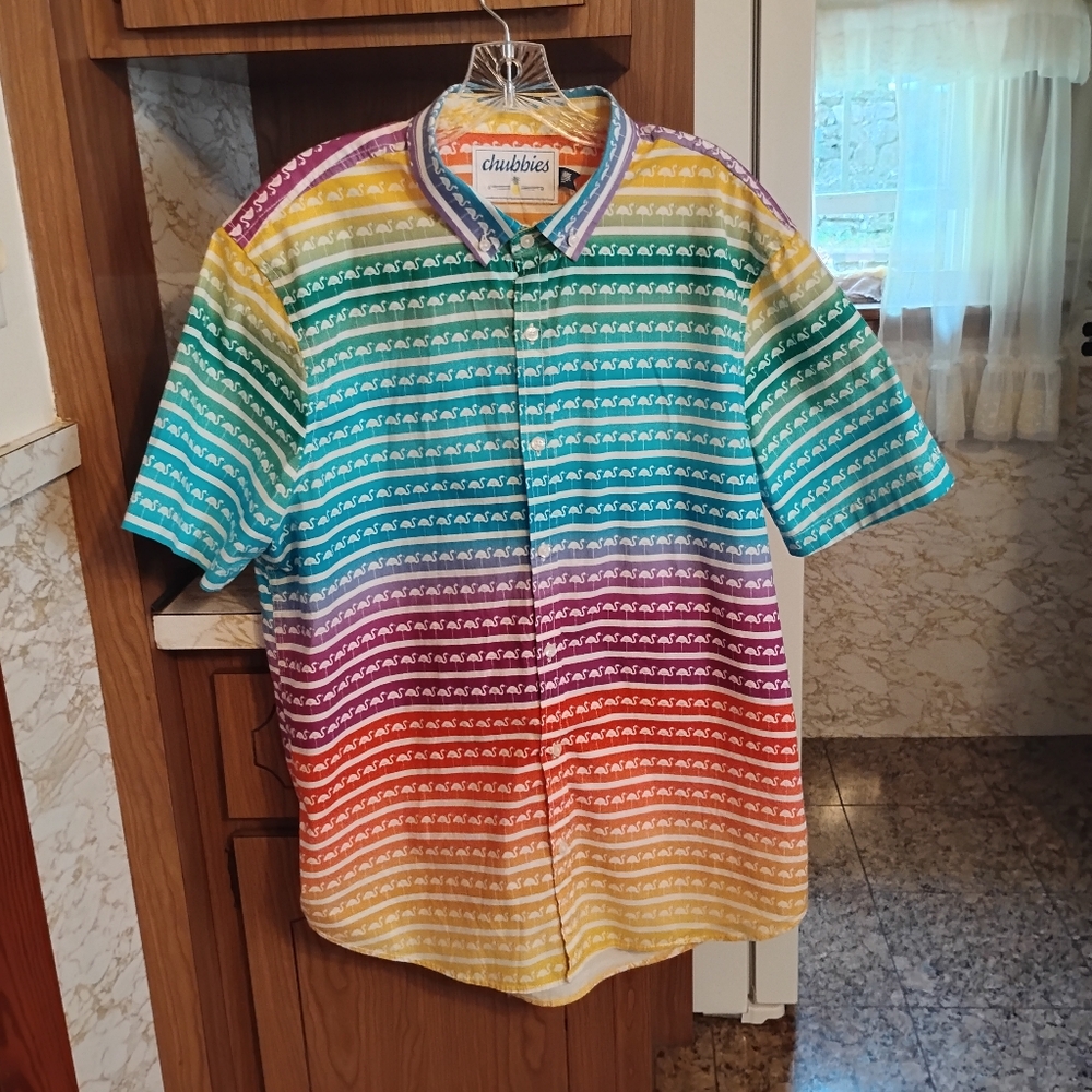 Chubbies Rainbow Flamingo Short Sleeve  Button Down Shirt, Size XL